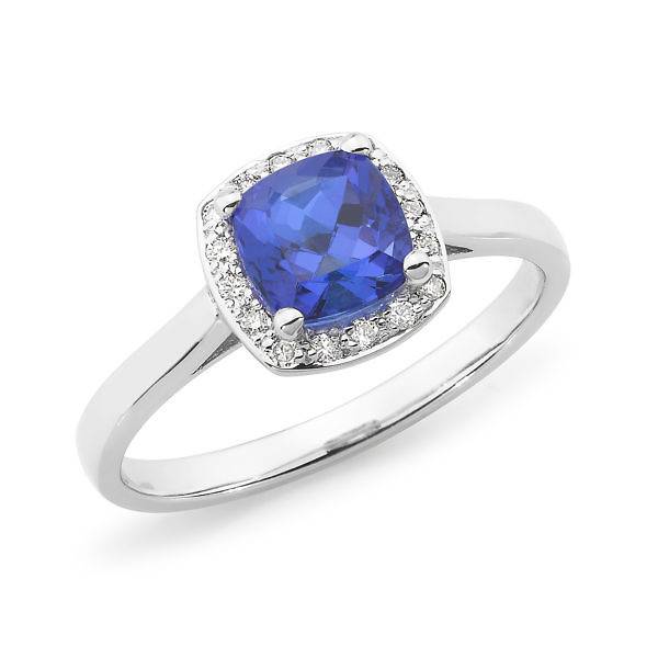 Cushion cut tanzanite & diamond halo ring