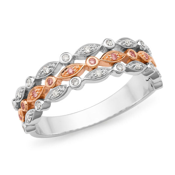 Brilliant cut pink & white diamond row ring