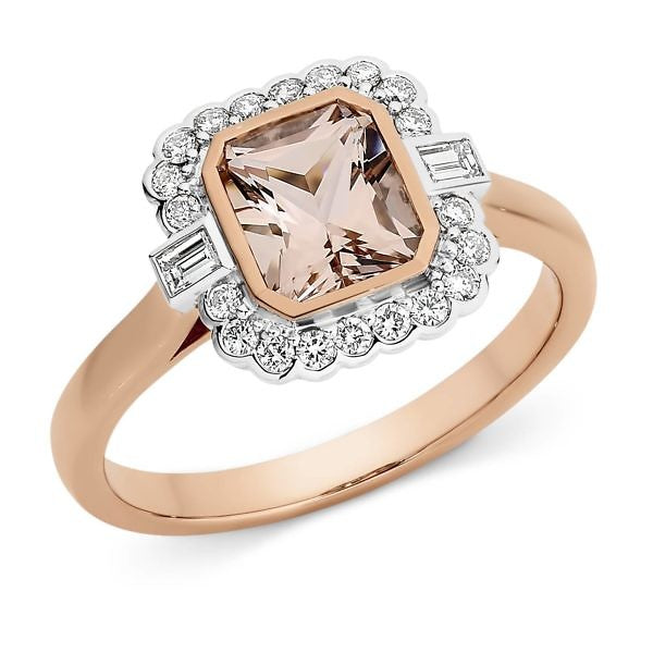 Morganite and diamond halo dress ring