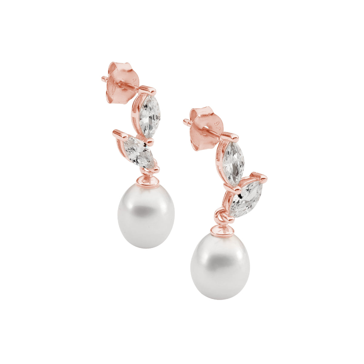 Rose Gold Plated Sterling Silver Cubic Zirconia Pearl Drop Earrings