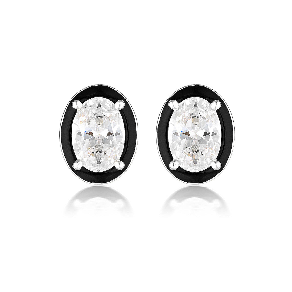 Reflection Oval Stud Earrings Silver & Black Enamel
