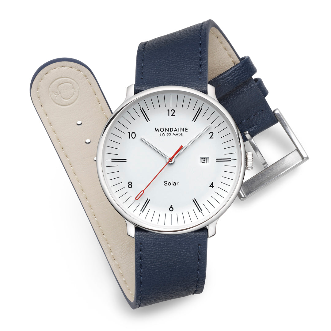 Mondaine Doppio Solar Blue Vegan Leather 41mm Watch - MLE.41910.LDV