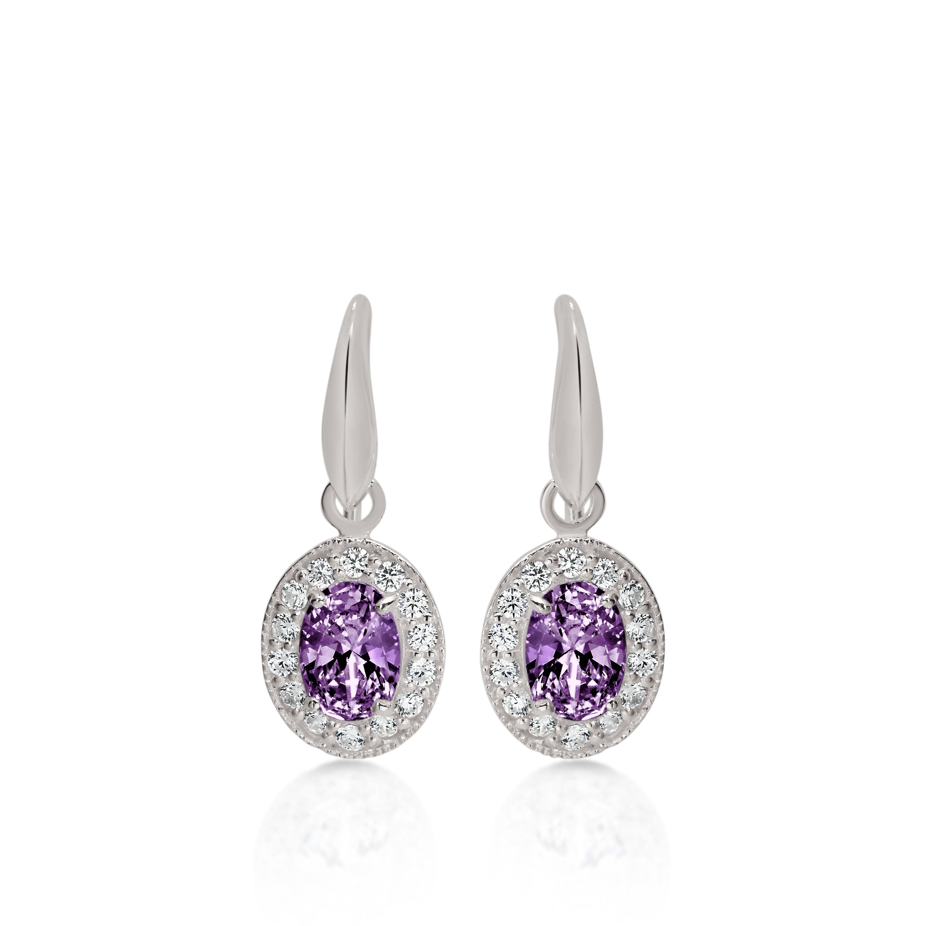 Silver oval purple cubic zirconia halo drops