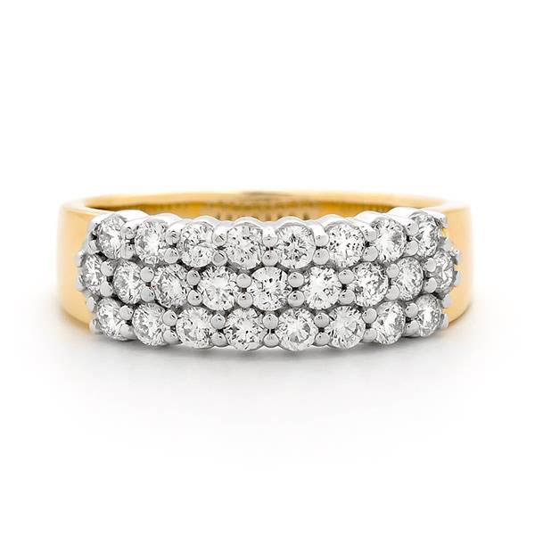 Brilliant cut diamond three row claw set ring