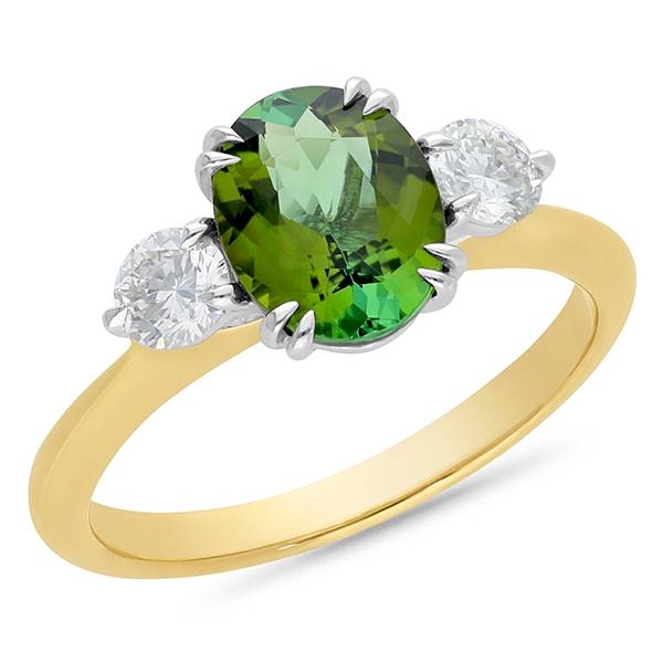 Oval green tourmaline and round brilliant diamond ring