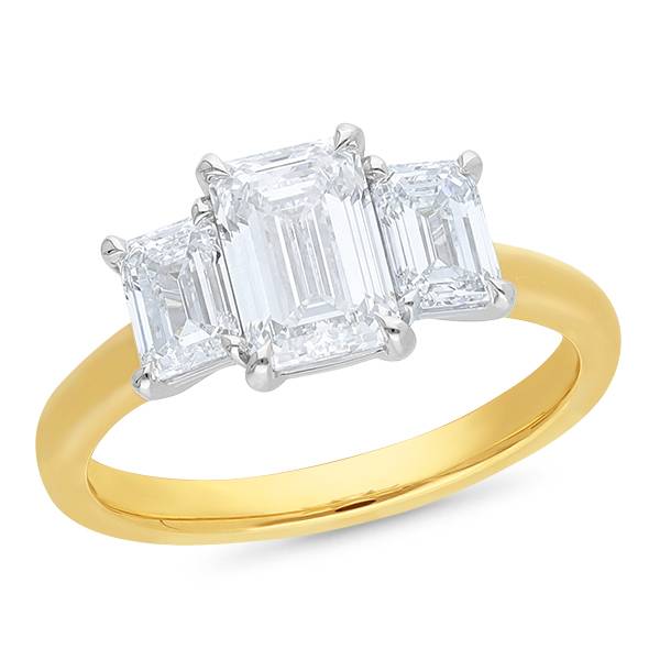 Emerald cut lab grown diamond trilogy engagement ring