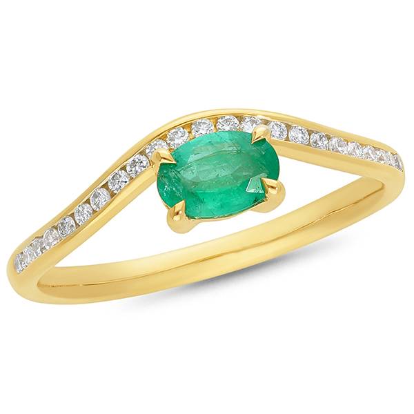 Curved Diamond Band with Oval East-West Natural Emerald