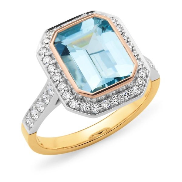 Emerald cut aquamarine and round diamonds halo ring