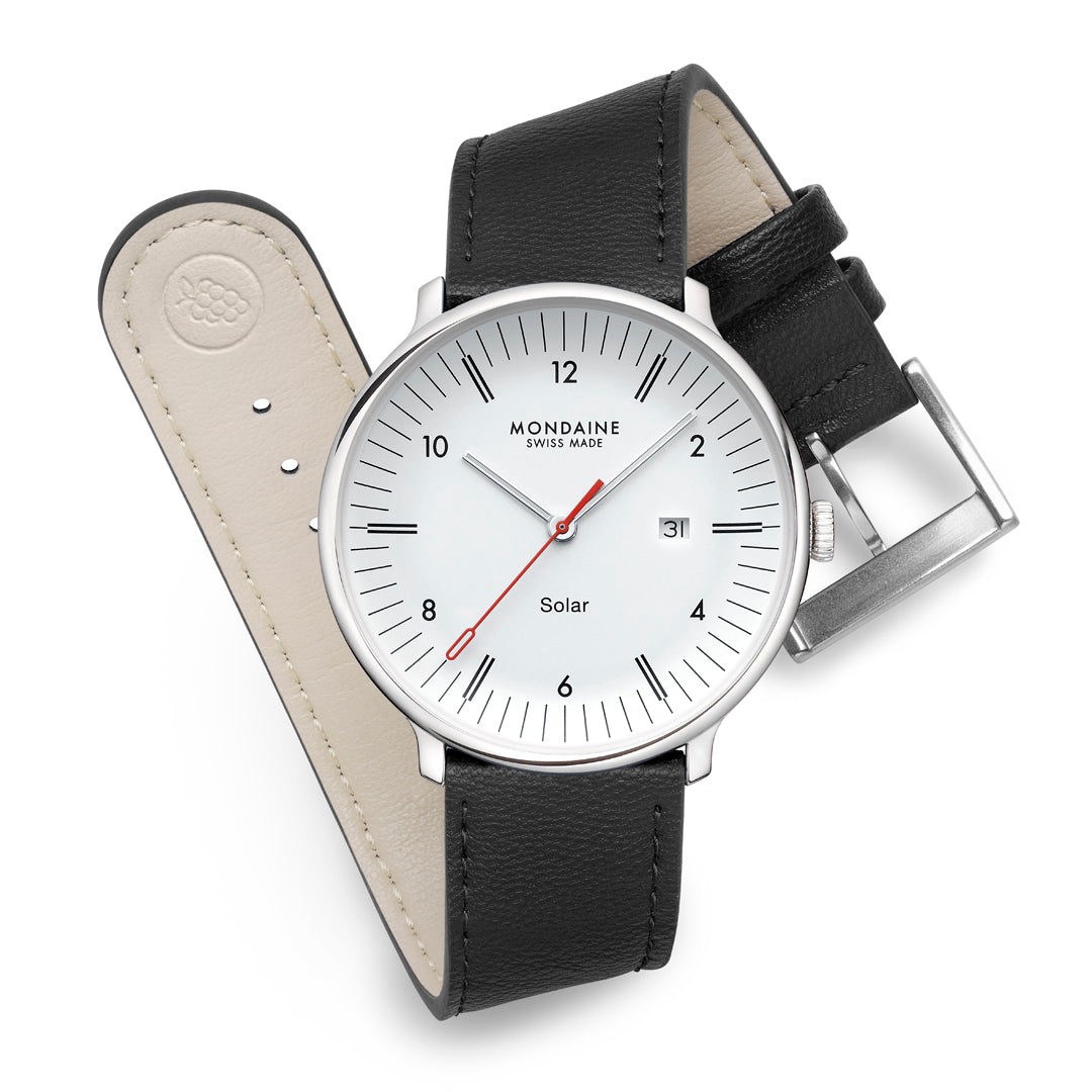Mondaine Doppio Solar Black Leather 41mm Watch - MLE.41910.LBV