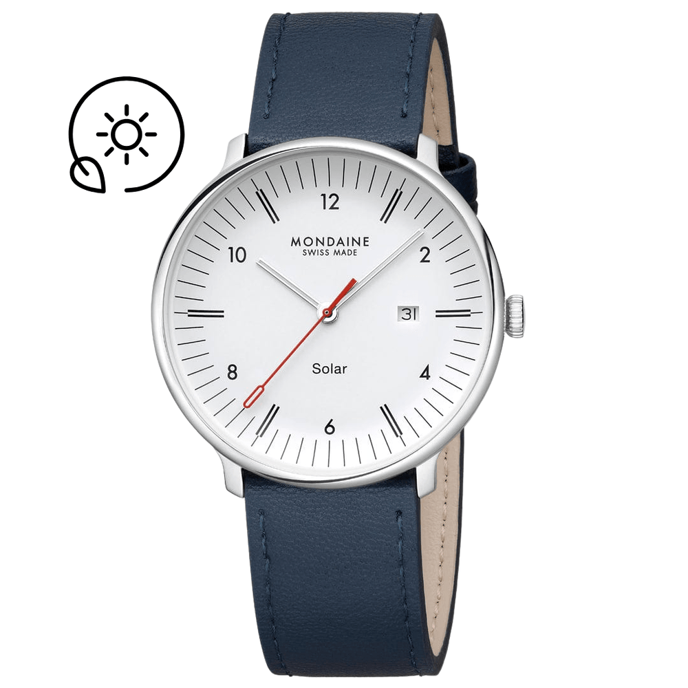 Mondaine Doppio Solar Blue Vegan Leather 41mm Watch - MLE.41910.LDV