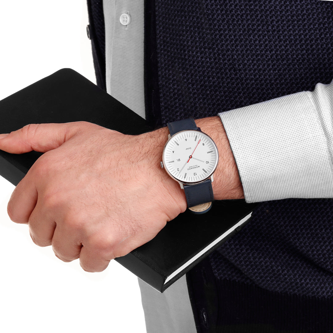 Mondaine Doppio Solar Blue Vegan Leather 41mm Watch - MLE.41910.LDV