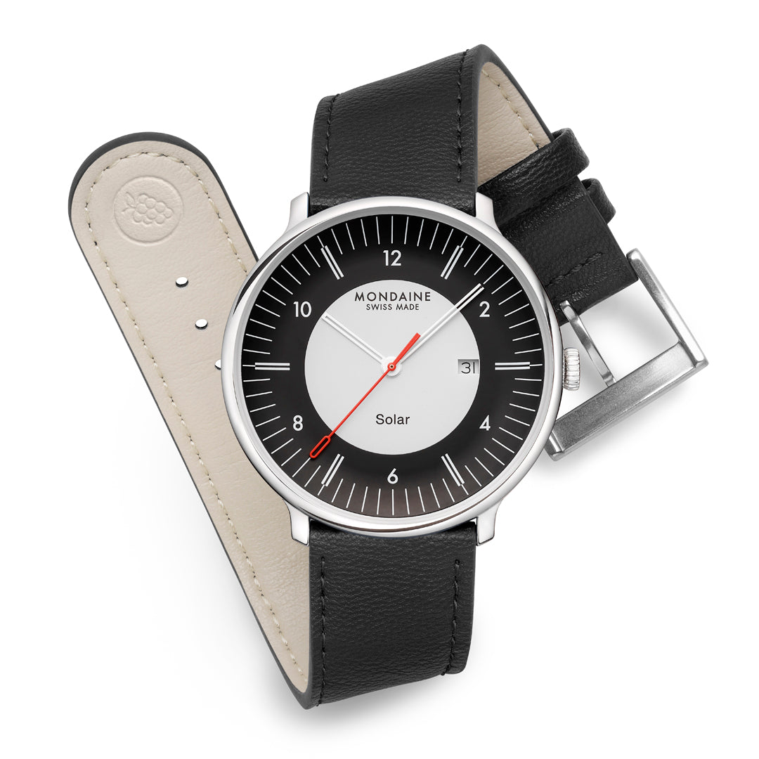 Mondaine Doppio Solar Black Dial Vegan Leather 41mm Watch - MLE.41920.LBV