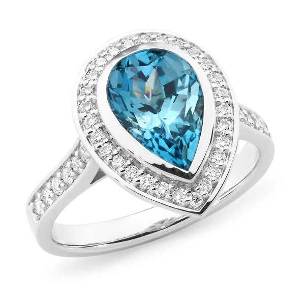 Pear cut london blue topaz & diamond halo ring