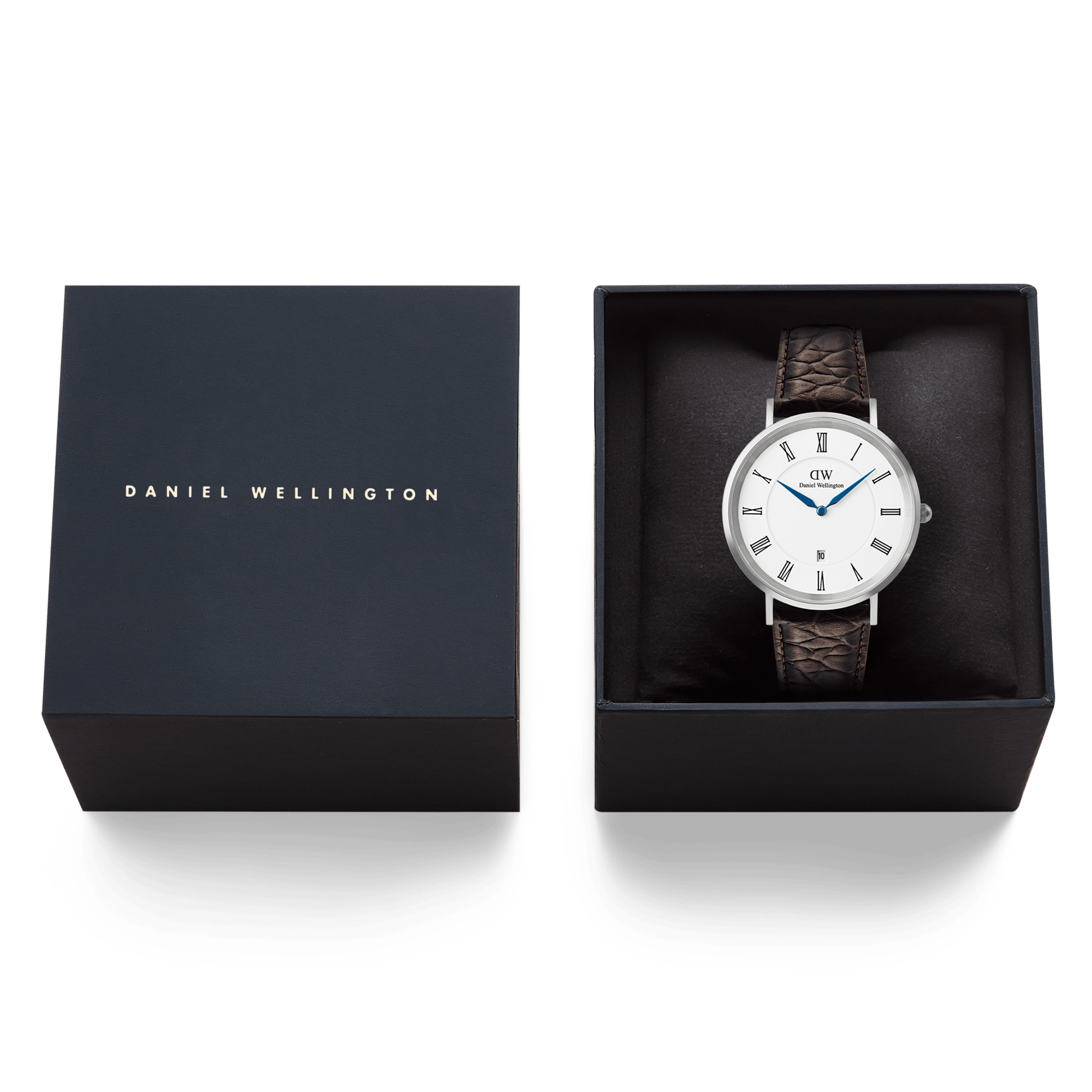 Daniel Wellington Classic Roman Numerals Date Dark Brown Croc Belly Silver